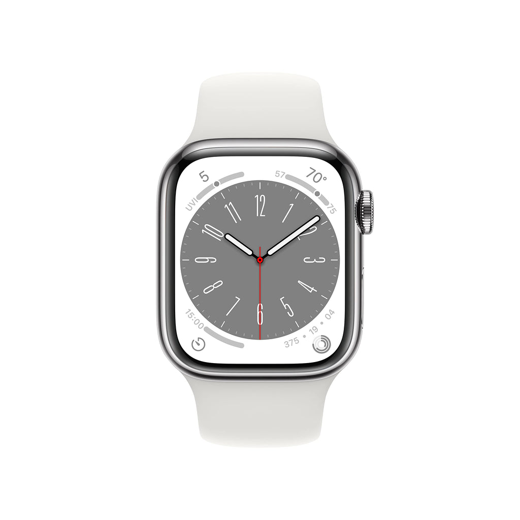 Apple Watch Series 8 GPS + Cellular 41mm Silver Stainless Steel Case with White Sport Band - M/L - MNV83LL/A