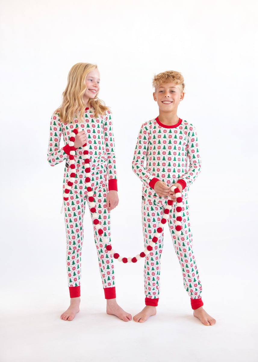 Snug-Fitting Unisex Tween Matching Set - Poinsettia and Tree