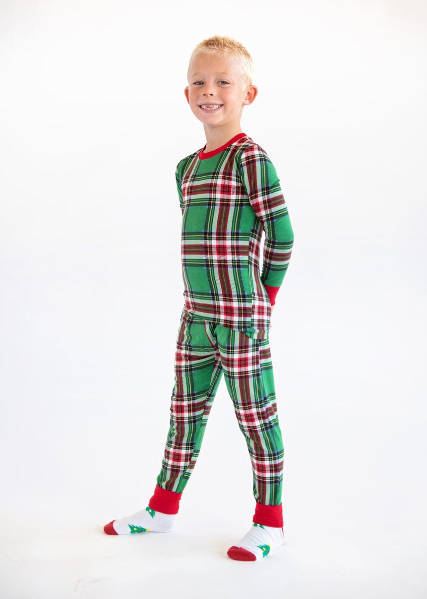 Snug-Fitting Unisex Tween Matching Set - Green Plaid