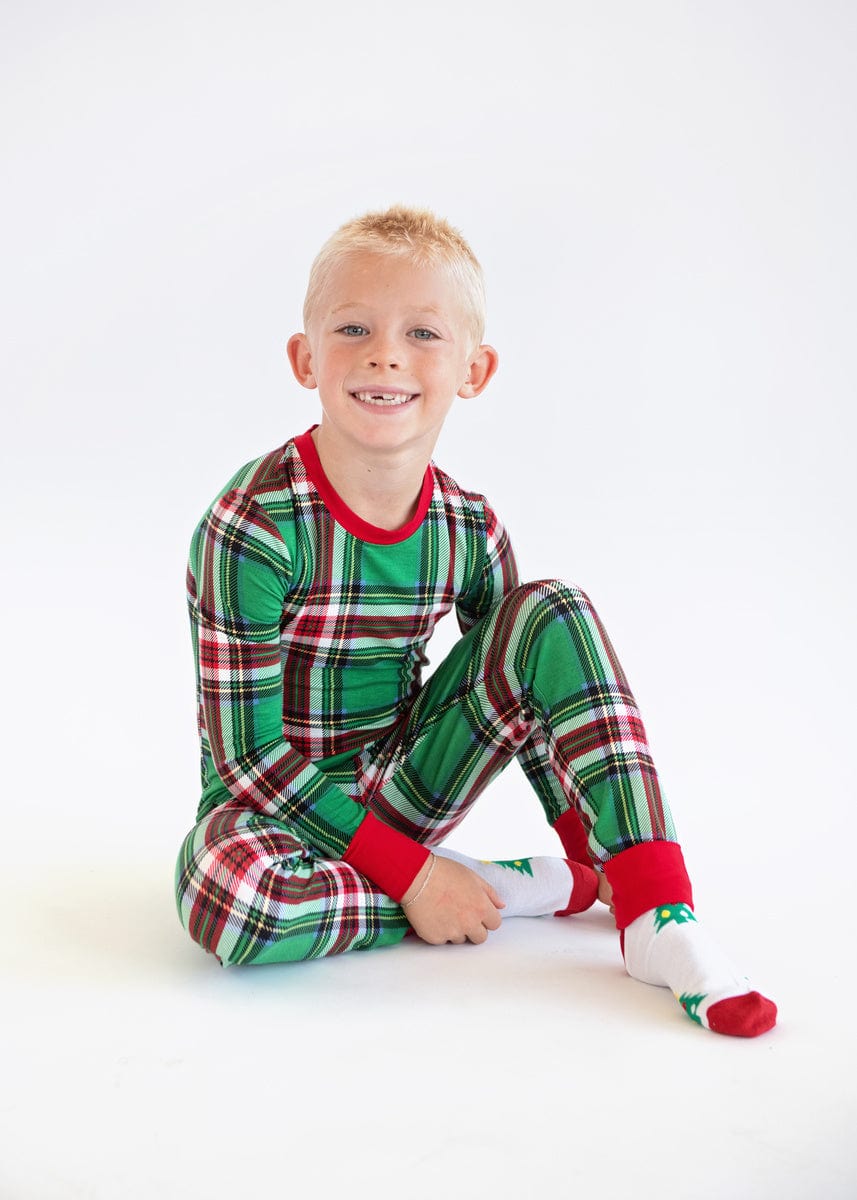 Snug-Fitting Unisex Tween Matching Set - Green Plaid